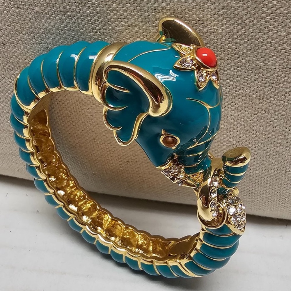 KJL Kenneth Jay Lane Teal Raj Elephant Bangle Bracelet Limited Edition